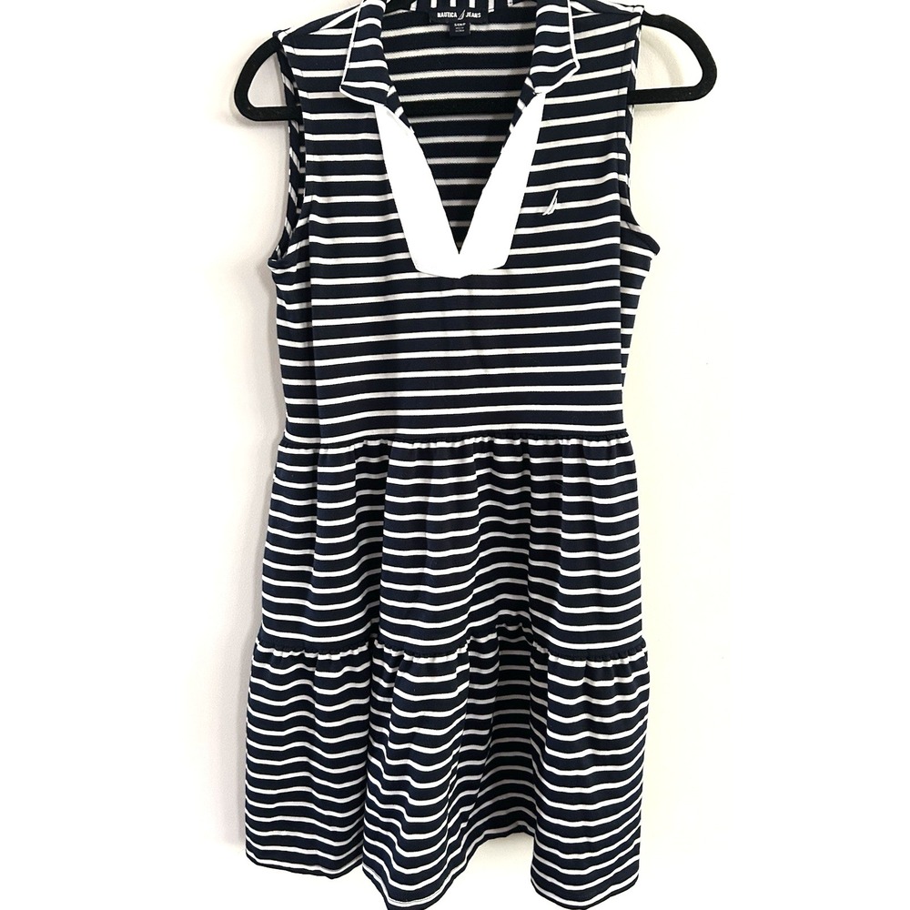 Nautica Women Tiered Collar Sleeveless Mini Dress, Navy/White Size S CL85